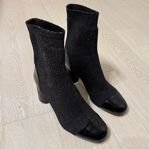 Sandro Paris Lyv Patent Leather Captoe Glitter Black Sock Boots - like new - Picture 6 of 6